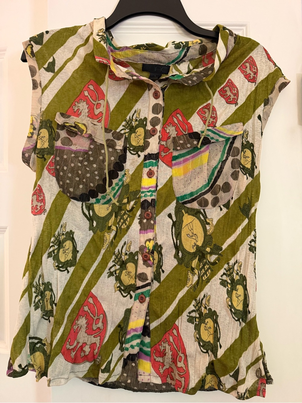 Anac Olive Green Multi-Print Sleeveless Button Front Top